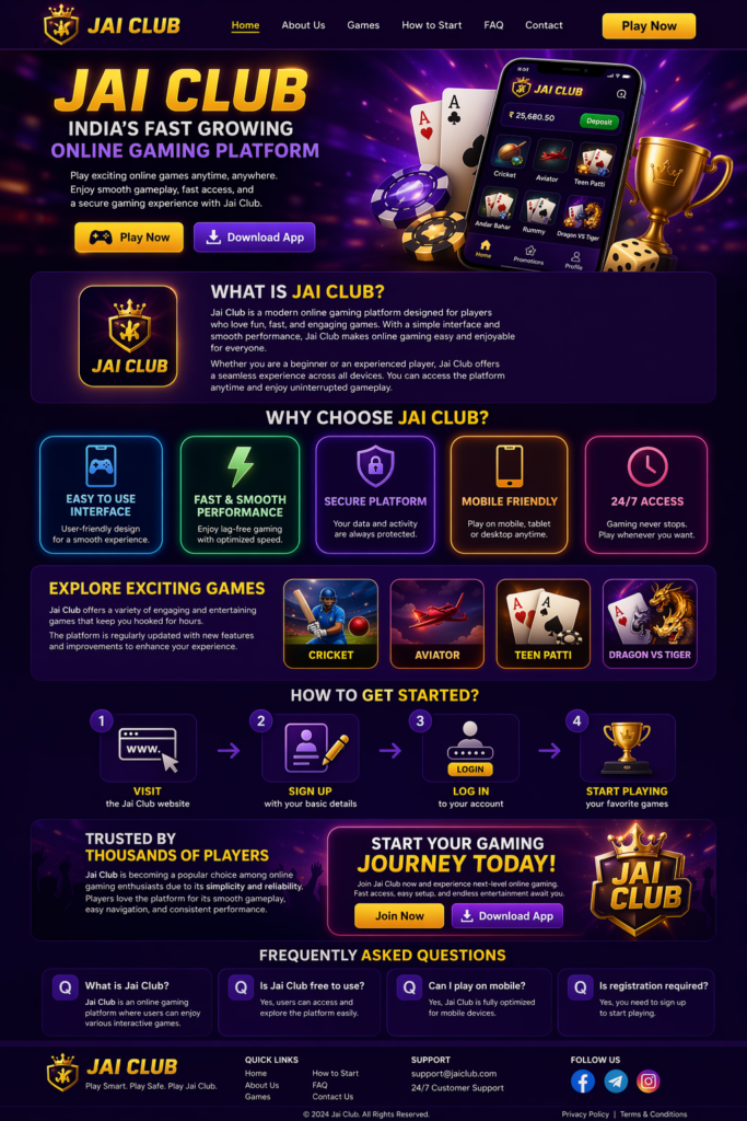 Jai Club online gaming platform homepage showing games, features, and mobile gaming interface
